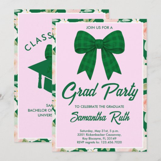 Invitation Fête de remise de diplômes avec ruban gingham vert (Devant / Derrière)