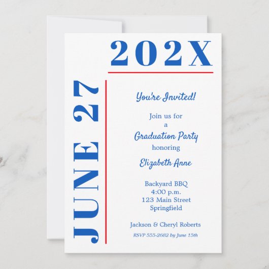 Invitation Fête de remise de diplômes bleu et cramoisi (Devant)