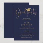 Invitation Fête de Remise de Diplômes Bleu Nuit et Or Script (Devant / Derrière)