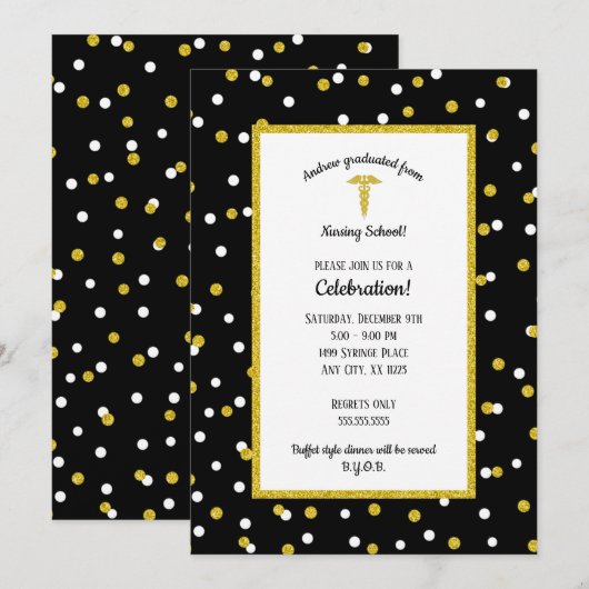 Invitation Fête de remise de diplômes de Black Gold Nurse, ge (Devant / Derrière)