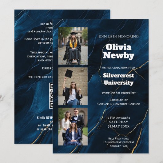 Invitation 🎓Fête de remise de diplômes de luxe avec code QR (Devant / Derrière)