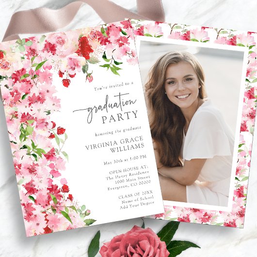Invitation Fête de remise de diplômes florale rose rouge