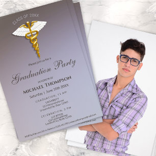Invitation Fête de remise de diplômes Medical Gold Caduceus