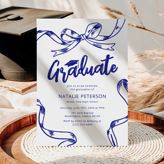 Invitation Fête de remise de diplômes moderne avec nœud bleu