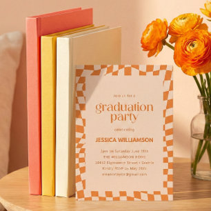 Invitation Fête de remise de diplômes moderne Orange Checker