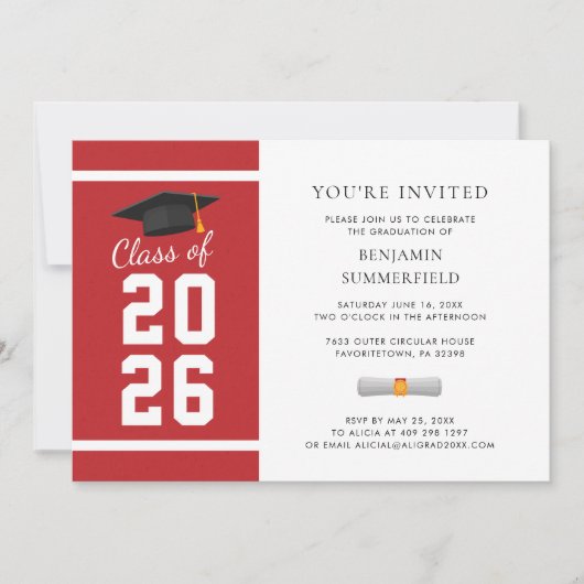 Invitation Fête de remise de diplômes moderne simple rouge bl (Devant)