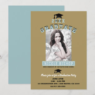 Invitation Fête de remise de diplômes photo or bleu minimalis