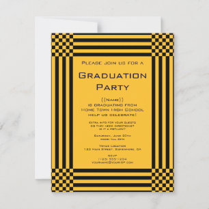 Invitation Fête de Remise de Diplômes Rayures Damier Jaune No