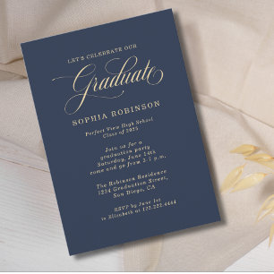 Invitation Fête de remise de diplômes simple moderne or bleu