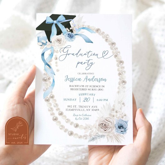 Invitation Fête de remise des diplômes Blue Boho Coquette Bow