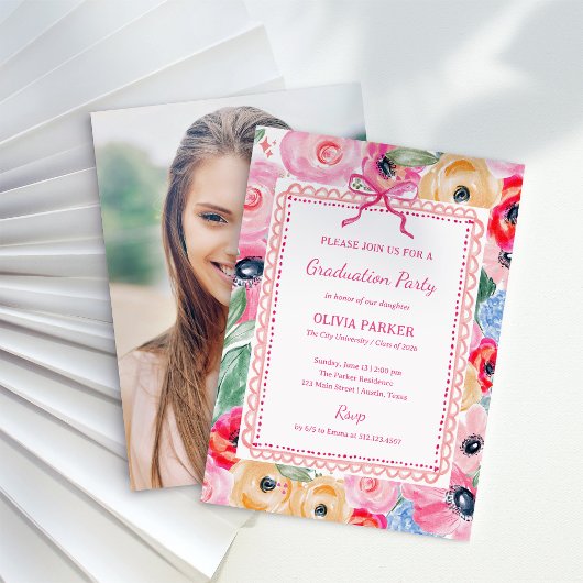 Invitation Fête de Remise des Diplômes Fleurs Rose Clair | Ph