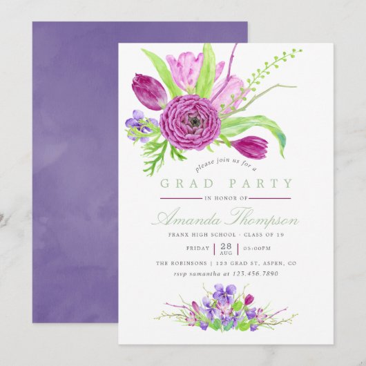 Invitation Fête de remise des diplômes florale à l'aquarelle  (Devant / Derrière)