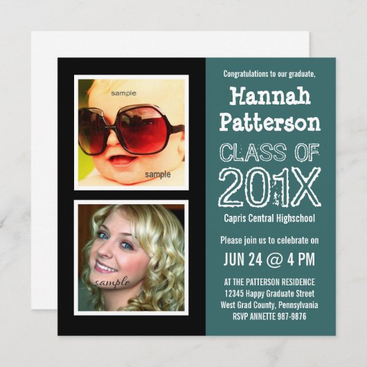 Invitation Fête de remise des diplômes turquoise avec 2 (Devant / Derrière)