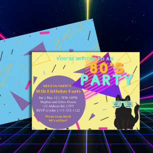 Invitation Fête de retour de chat noir rétro des années 80