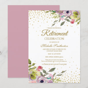Invitation Fête de retraite à paillettes dorées et florales j