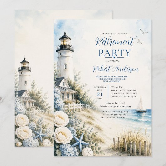 Invitation Fête de retraite au phare côtier (Devant / Derrière)