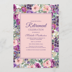 Invitation Fête de retraite aux fleurs roses et violettes