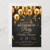 Invitation Fête de retraite avec ballons dorés chic et confet (Devant)
