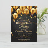 Invitation Fête de retraite avec ballons dorés chic et confet (Debout devant)