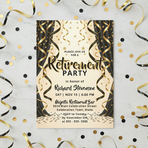 Invitation Fête de retraite avec des serpentins noirs et or é