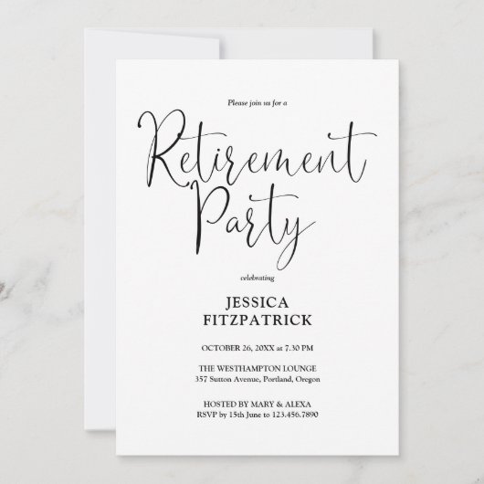 Invitation Fête de retraite avec un script élégant noir et bl (Devant)