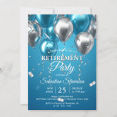 Invitation Fête de Retraite Ballons Bleus Brillants et Argent (Devant)