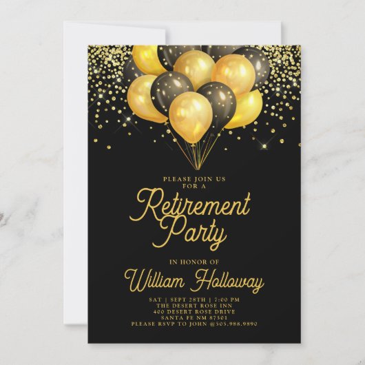 Invitation Fête de retraite Ballons noirs or (Devant)