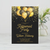 Invitation Fête de retraite ballons noirs or confettis (Debout devant)