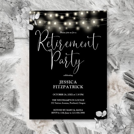 Invitation Fête de retraite Black and White String Lights