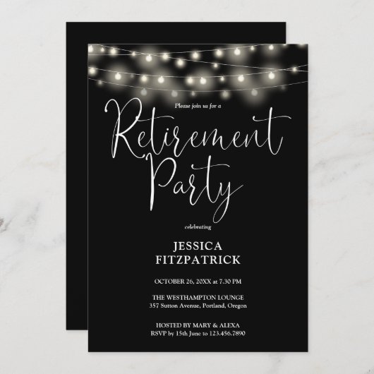Invitation Fête de retraite Black and White String Lights (Devant / Derrière)