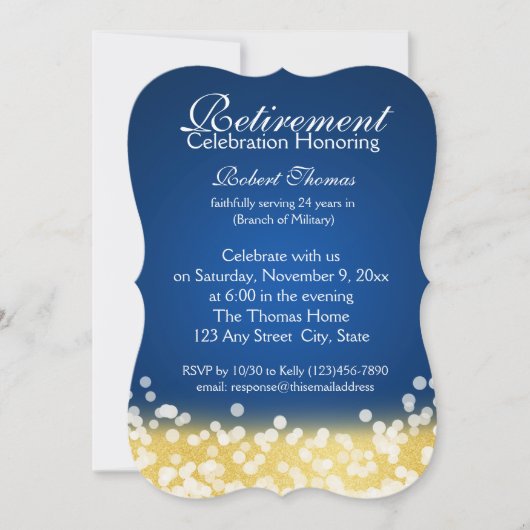 Invitation Fête de retraite Blue and Gold Sparkle (Devant)