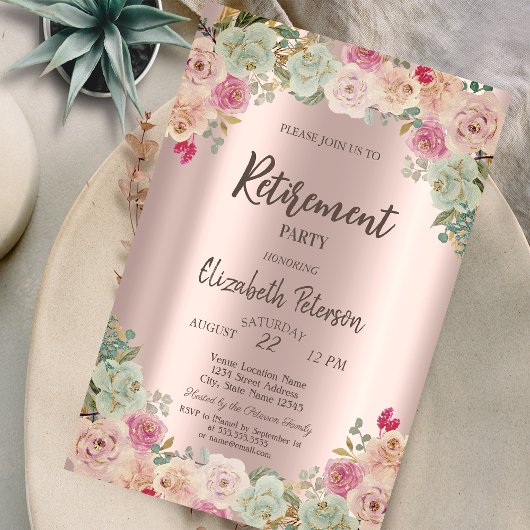 Invitation Fête de retraite Boho Roses Confetti