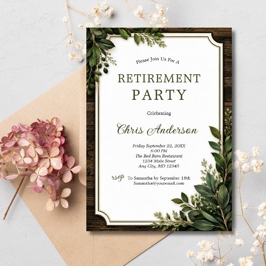 Invitation Fête de retraite botanique de verdure en bois rust