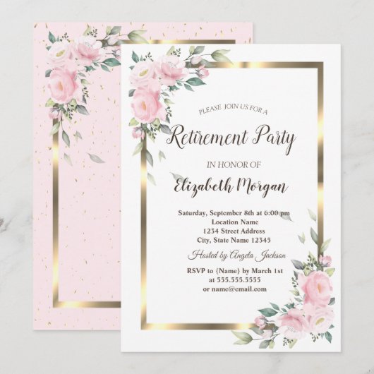 Invitation Fête de retraite cadre doré fleurs (Devant / Derrière)
