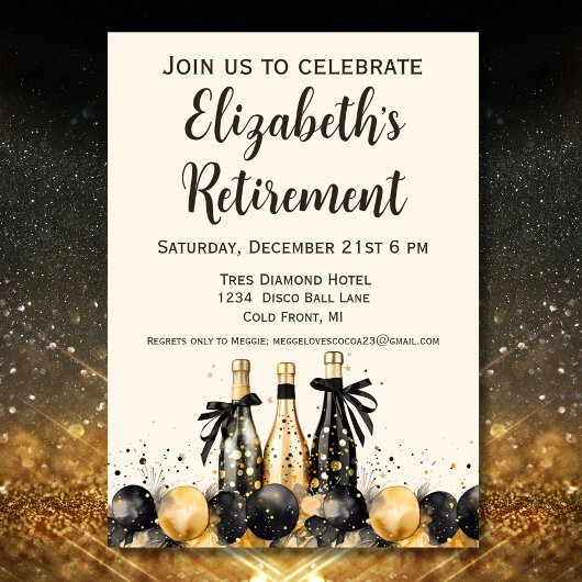 Invitation Fête de retraite Champagne Noir et Or