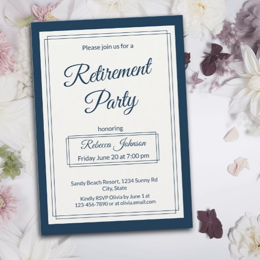 Invitation Fête de retraite Classique Simple Navy et crème