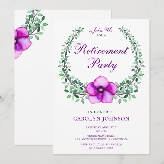 Invitation Fête de retraite Courbe florale d'aquarelle violet (Devant / Derrière)