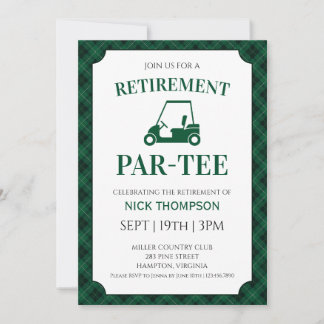 Invitation Fête de retraite de golf à carreaux noirs et verts