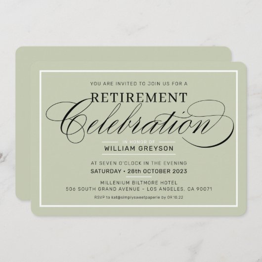 Invitation FÊTE DE RETRAITE DÎNER vert sage moderne (Devant / Derrière)