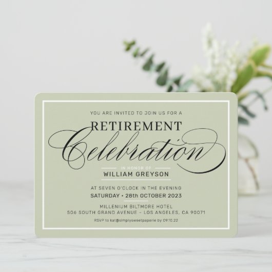 Invitation FÊTE DE RETRAITE DÎNER vert sage moderne (Debout devant)