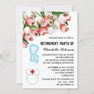 Invitation Fête de retraite d'infirmière aux tulipes roses