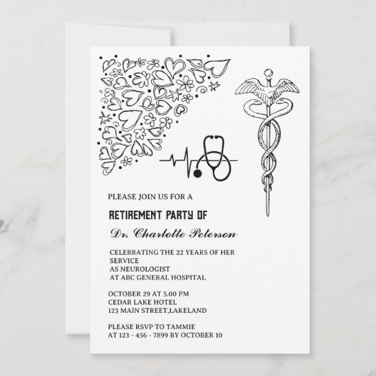 Invitation Fête de retraite du médecin Caducée Stéthoscope (Devant)