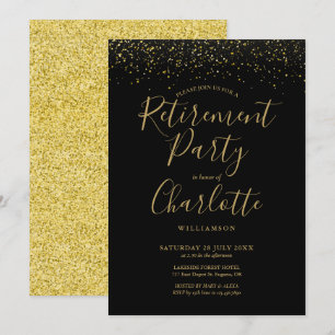 Invitation Fête de retraite écriture paillettes noir et or