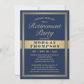Invitation Fête de retraite élégant bleu marine et or script (Devant)