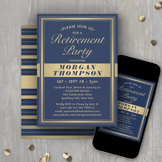 Invitation Fête de retraite élégant bleu marine et or script
