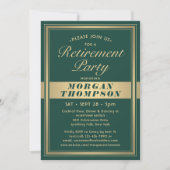 Invitation Fête de retraite élégant vert et or script (Devant)