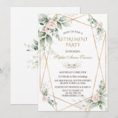 Invitation Fête de retraite élégante fleurs roses verdure dor (Devant / Derrière)