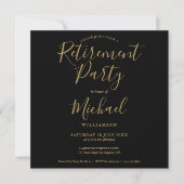 Invitation Fête de retraite élégante script noir et or (Devant)