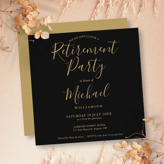 Invitation Fête de retraite élégante script noir et or