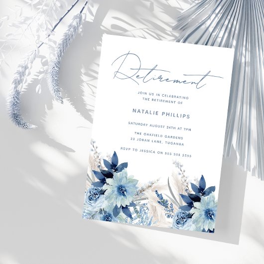 Invitation Fête de retraite Fleurs aquarelles bleu poussiéreu